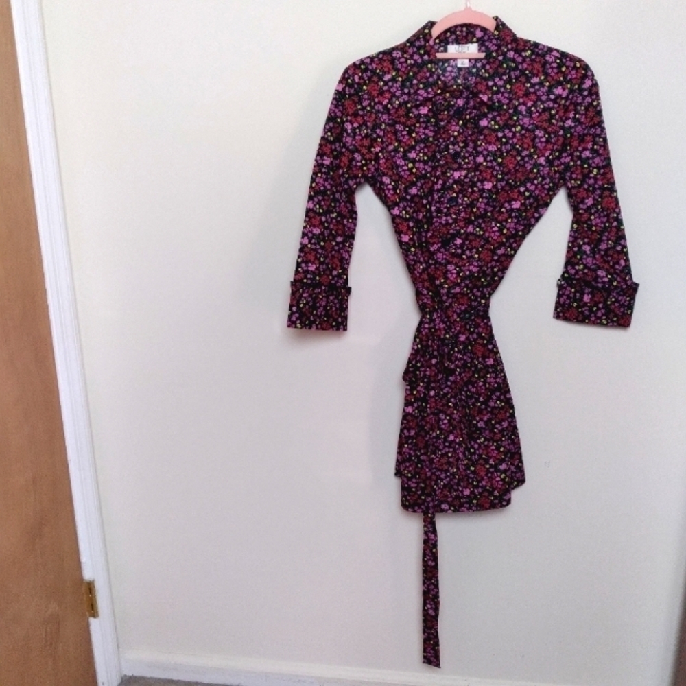 LOFT Black and Pink Floral Cotton Midi Shirt Dress Size 6 Petite